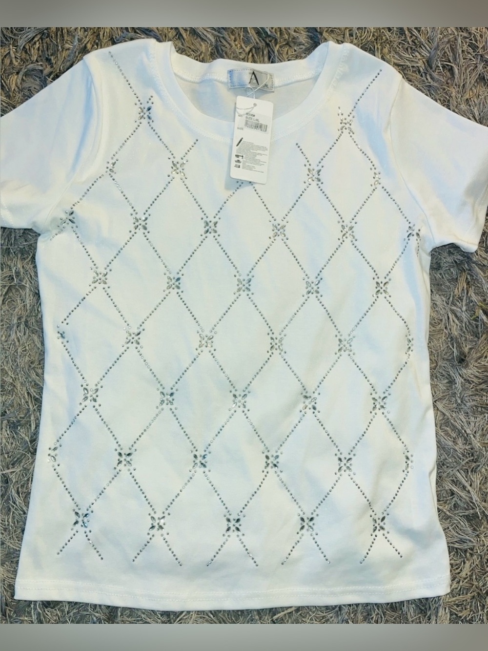 Women's White Short Sleeve Tee with Diamond Stud Pattern